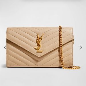 SOLD $1300 Saint Lauren Poudre (Nude)Large Monogram Quilted Leather Wallet Chain